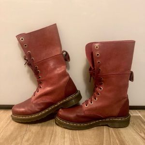 Two toned soft red leather authentic Doc Martens. 11 eyelet lace up.